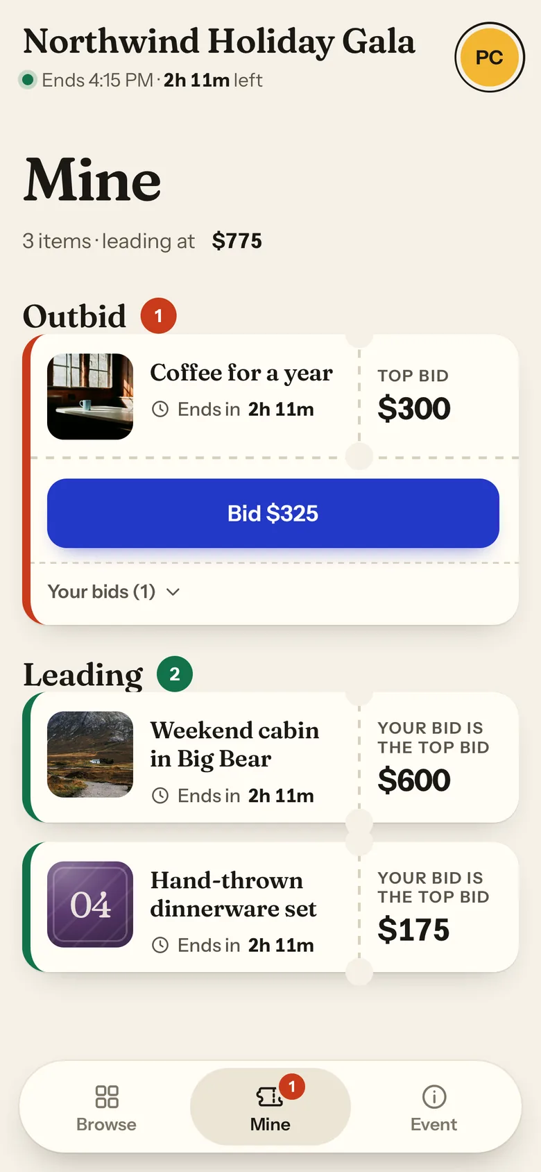 The Mine tab showing one outbid item with a Bid $325 button and two leading items.