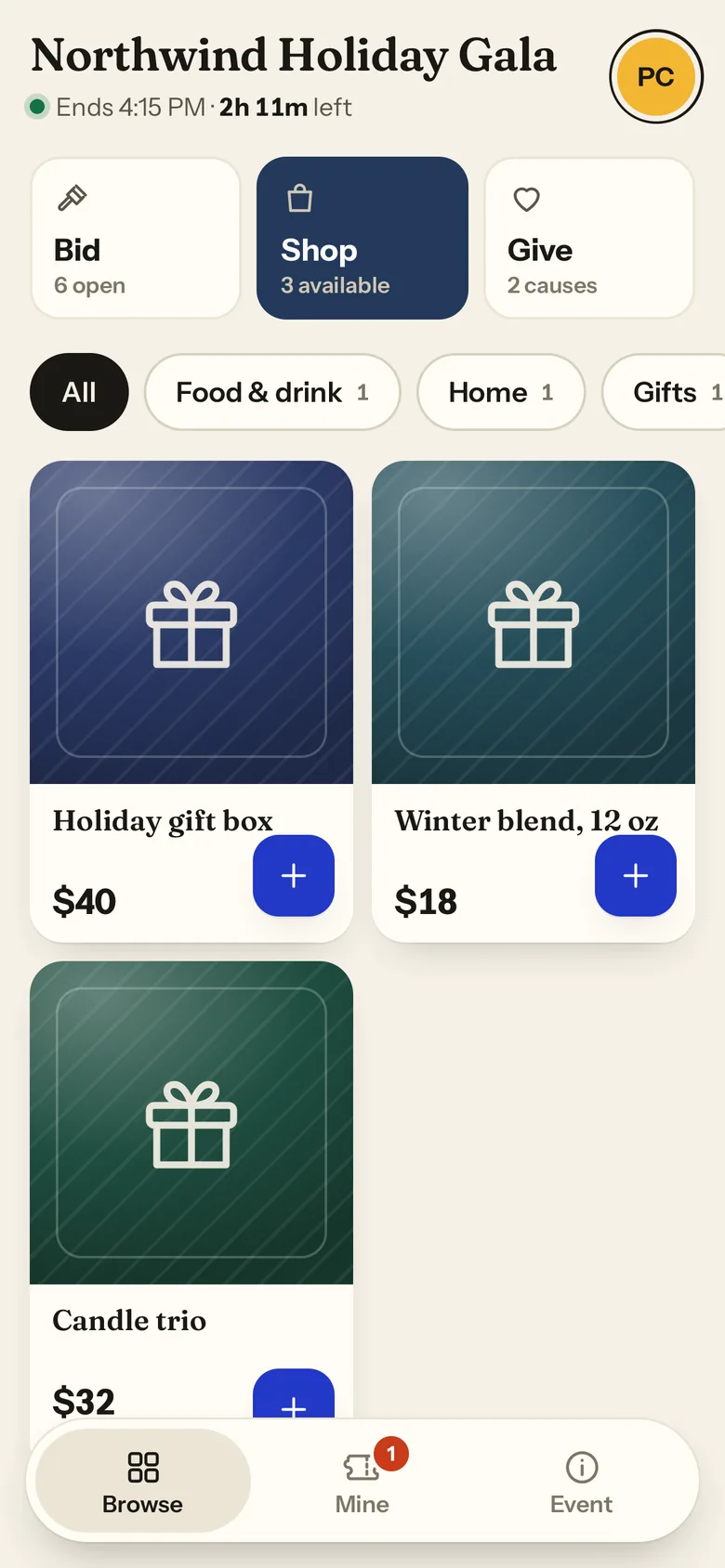 The Shop tab with fixed-price gift items and quick-buy buttons.