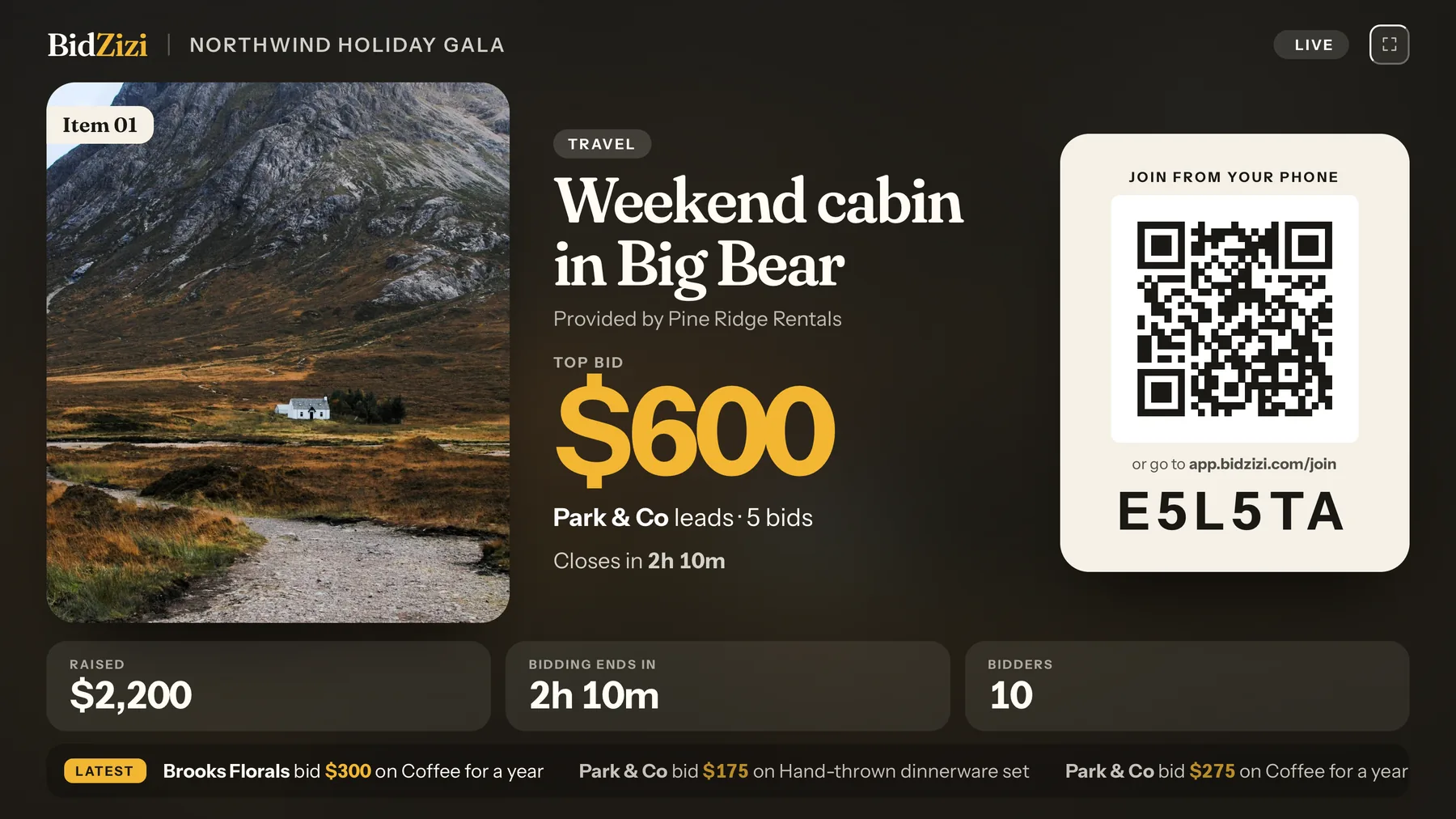 The stage display on a projector: the featured item, its top bid of $600, time left, and a QR code to join.