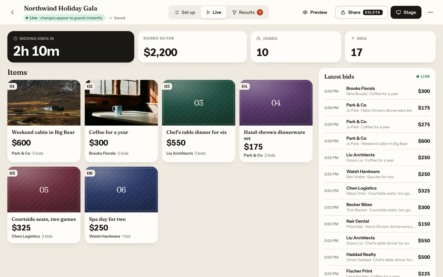 Studio's Live view: time left, amount raised, guests joined, bids, every item's top bid, and a live feed of the latest bids.
